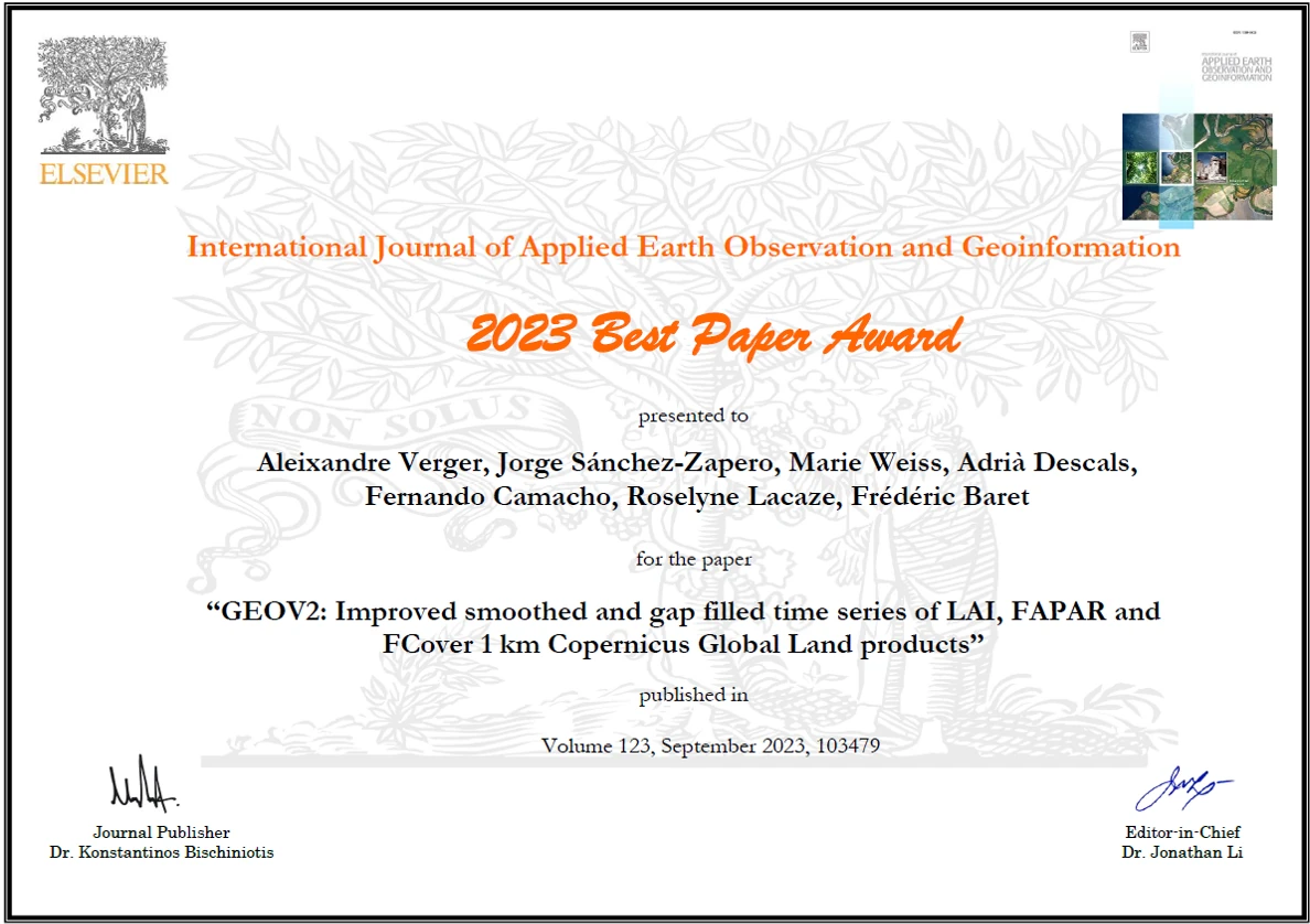 Certificate of 2023 Best Paper Award for Verger et al., 2023.