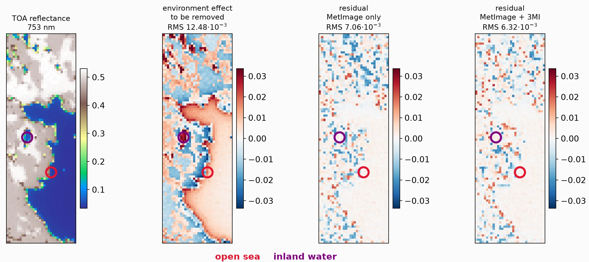 20261028_Figure_News_These Full coastal scene corrected: 16 × 48 km - 753 nm. (a) TOA reflectance, (b) adjacency effect to be removed, (c) residual after correction with METimage inputs. (d) residual after correction with METimage+3MI inputs.