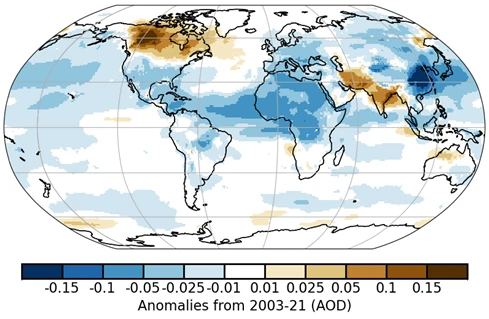 Anomalies of total Aerosol Optical Depth at 550 nm in 2023 relative to the period 2003-2021, extracted from the BAMS state of climate 2023