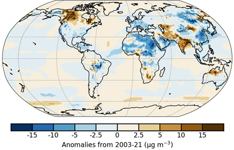 Anomalies of PM2.5 in 2023 relative to the period 2003-2021, extracted from the BAMS state of climate 2023