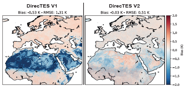 Bias on LST retrieved with DirecTES V1 and V2, on images of TOA radiances simulated with CAMEL and ERA5 monthly averaged databases at 0.05° spatial resolution for August 2017.