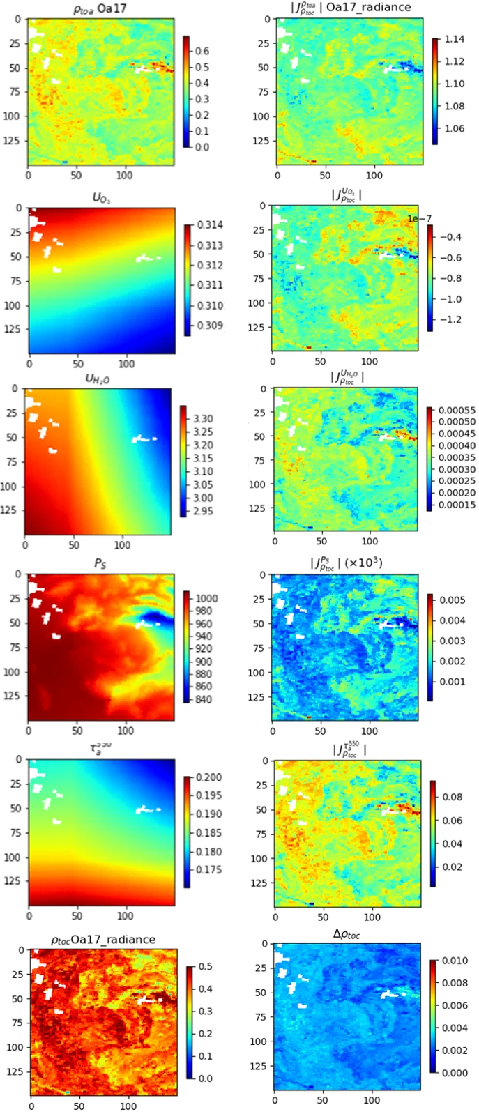 maps of SMAC inputs (TOA reflectance, ozone, water vapour pressure of surface and aerosol optical thickness) and of their corresponding jacobians, map of the resulting TOC reflectance and its uncertainty. Example for OLCI band at 865nm