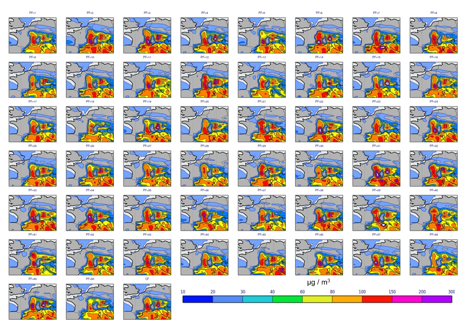 Simulated PM10 over Western Europe by an IFS-COMPO ensemble with 50 members plus the control run (with no perturbations), base time 6/2/2021 0UTC, 24h forecast.