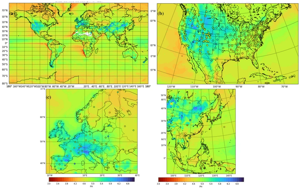 (a) Global mean surface precipitation pH simulated in CY49R1 for 2019. Comparisons against the annual mean observational means for the US, Southeast Asia, and Europe are shown in panels (b), (c), and (d), respectively. The respective observational mean values are shown in the circles.