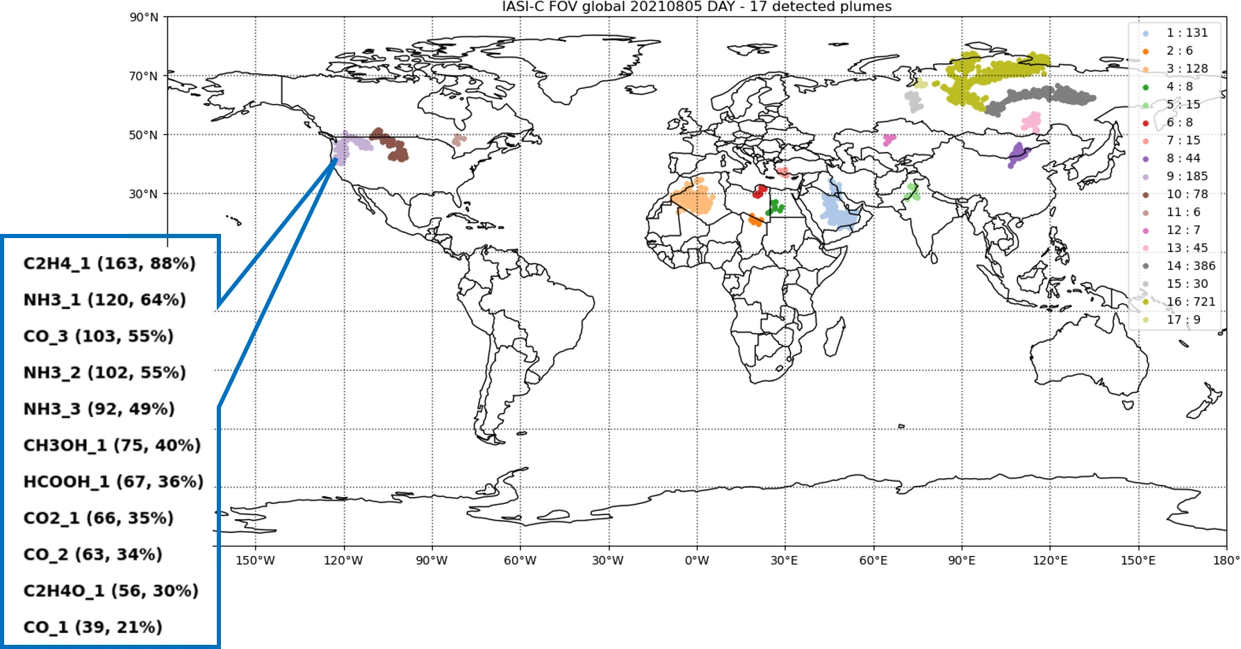 global map of extreme atmospheric events detection at a given day from IASI-C data