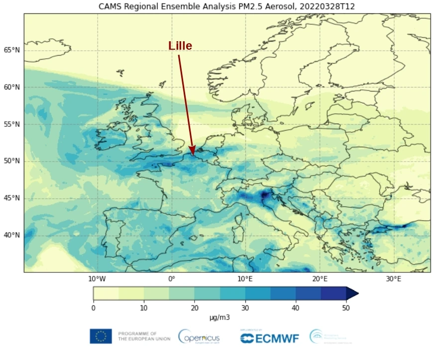 European map of particulate pollution produced by CAMS on 28th March 2022.