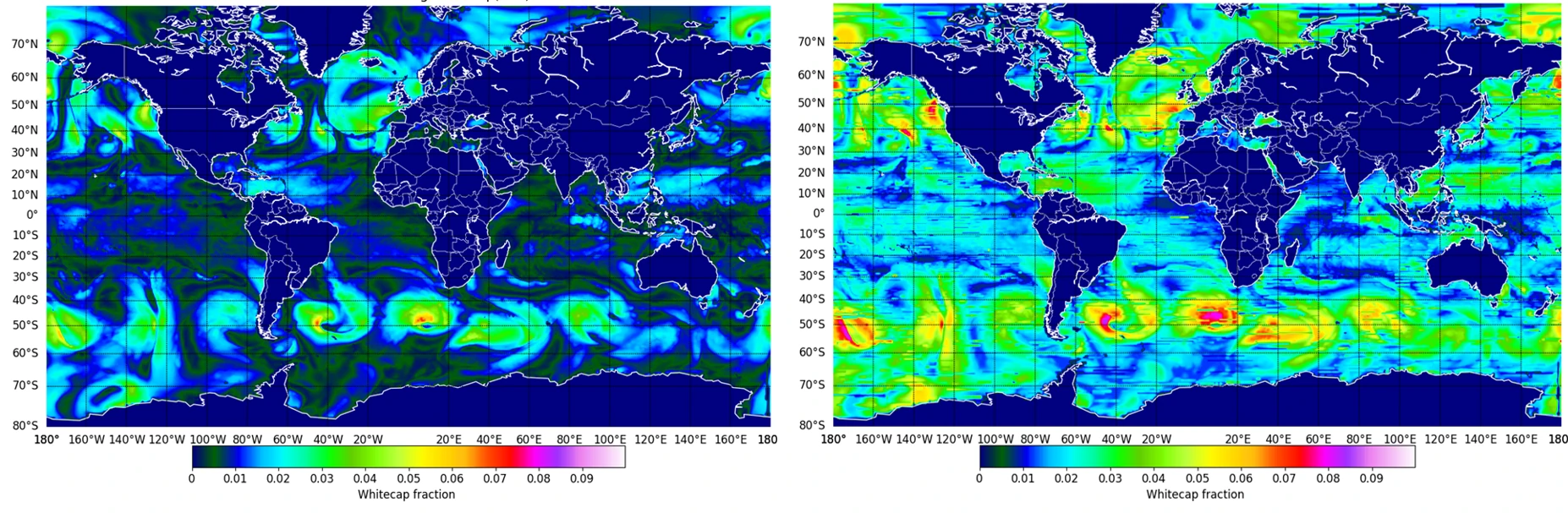 Simulated whitecap fraction by IFS-COMPO on 1/1/2017 00:00UTC, using the operational A16 scheme (left) and with deep learning model enabled through the INFERO library (right).