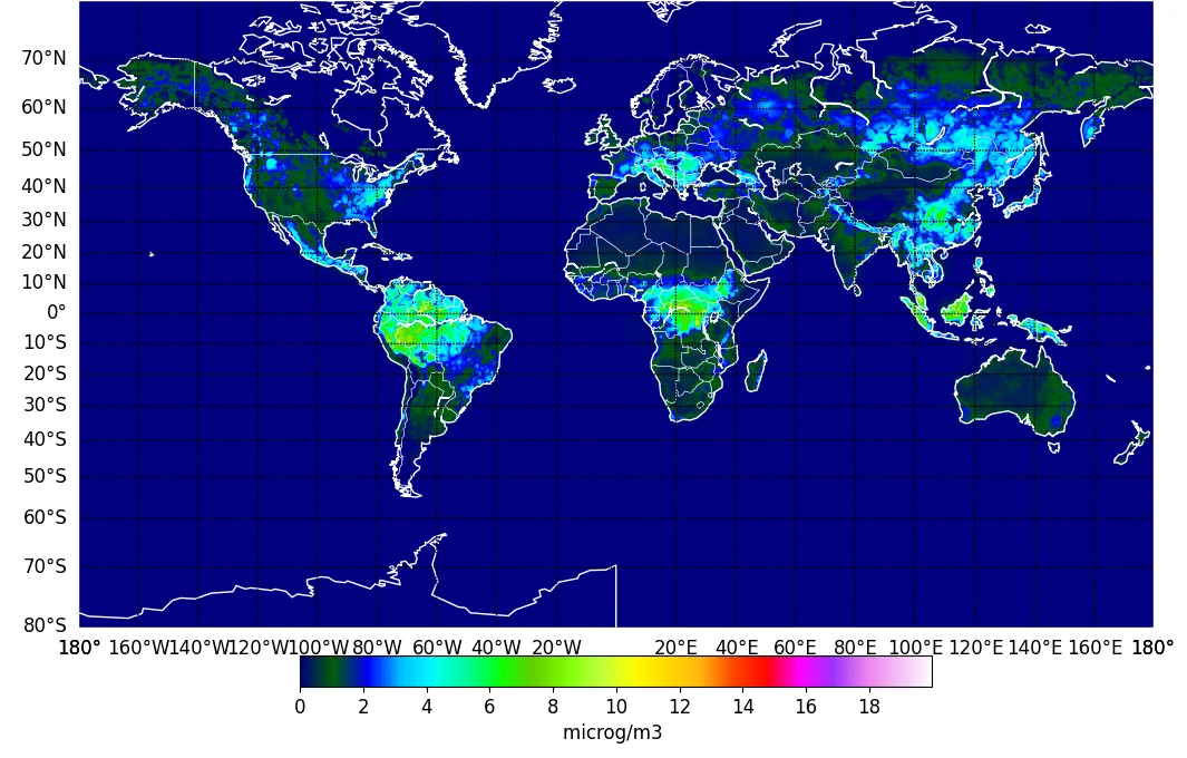 News_AG-CAMAERA-2025_figure Fungal spores (lumped species) surface concentration in July 2019 as simulated by IFS-COMPO