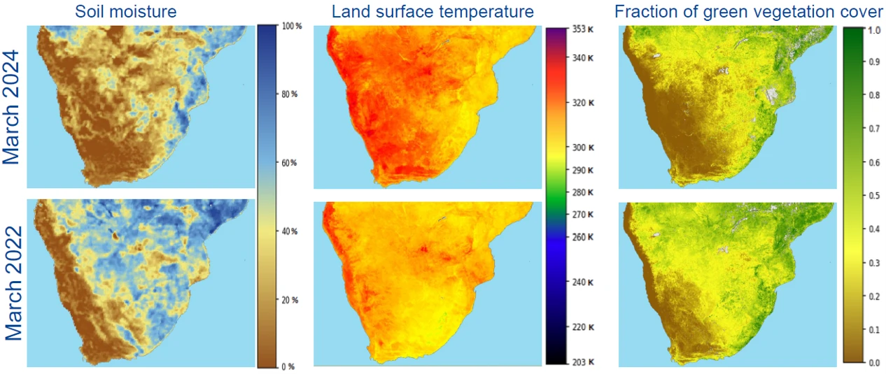 Maps of soil moisture, landsurface temperature and fraction of green vegetation cover over South Africa for March 2024 and March 2022