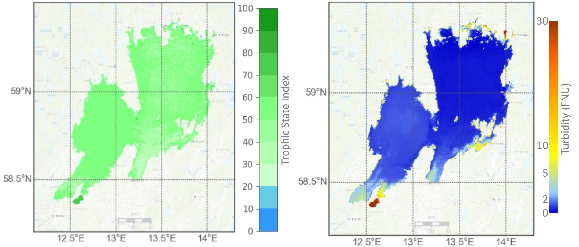 Water quality of Lake Vänern, Sweden, on 11 April 2018 expressed as trophic state index (left) and turbidity (right) provided by the Copernicus Global Land Service